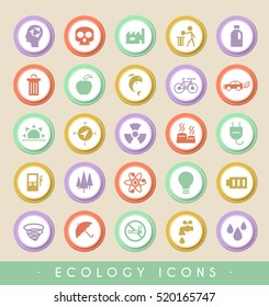 Set of Ecology Icons on Colored Buttons. Vector Isolated Elements.