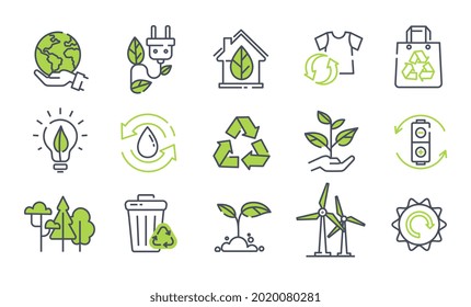 Set of ecology icons on white background. Concept of eco friendly, ecology, green technology and environment symbols. Flat cartoon vector illustration