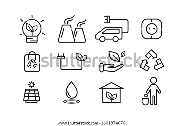 A set of ecology icons. Save nature,\
use solar panels, recycle, travel on\
eco-cars.