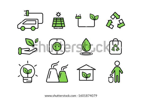 A set of ecology icons. Save nature,\
use solar panels, recycle, travel on\
eco-cars.