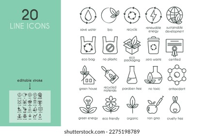 Set of ecology icons. Save water, recycling, renewable energy, no waste, eco bag, no plastic, eco packaging, green home, antioxidants, green energy, no gmo,non toxic. Editable Stroke.Outline signs.