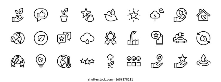 The set of ECOLOGY icons, vector lines, contains such icons as an electric car, global warming, forest, eco, watering plants, a plant and much more. Editable stroke, white background.