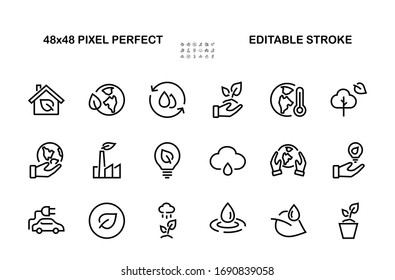 The set of ECOLOGY icons, vector lines, contains such icons as an electric car, global warming, forest, eco, watering plants, a plant and much more. Editable stroke, white background.