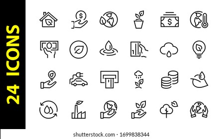 The set of ECOLOGY icons, vector lines, contains such icons as an electric car, global warming, forest, eco, watering plants, a plant and much more. Editable stroke, white background.