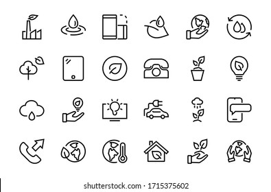 The set of ECOLOGY icons, vector lines, contains such icons as an electric car, global warming, forest, eco, watering plants, a plant and much more. Editable stroke, white background.