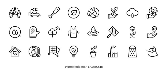The set of ECOLOGY icons, vector lines, contains such icons as an electric car, global warming, forest, eco, watering plants, a plant and much more. Editable stroke, white background.