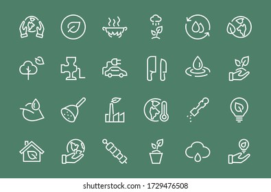 The set of ECOLOGY icons, vector lines, contains such icons as an electric car, global warming, forest, eco, watering plants, a plant and much more. Editable stroke, white background.