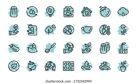 The set of ECOLOGY icons, vector lines, contains such icons as an electric car, global warming, forest, eco, watering plants, a plant and much more. Editable stroke, white background.