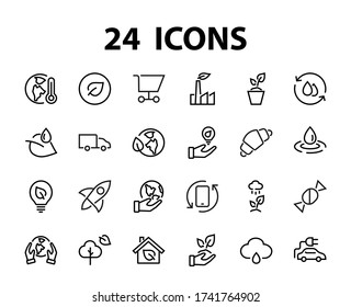 The set of ECOLOGY icons, vector lines, contains such icons as an electric car, global warming, forest, eco, watering plants, a plant and much more. Editable stroke, white background.
