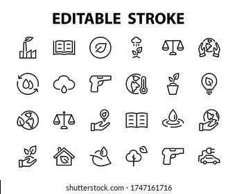 The set of ECOLOGY icons, vector lines, contains such icons as an electric car, global warming, forest, eco, watering plants, a plant and much more. Editable stroke, white background.