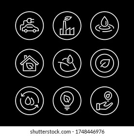 The set of ECOLOGY icons, vector lines, contains such icons as an electric car, global warming, forest, eco, watering plants, a plant and much more. Editable stroke, white background.