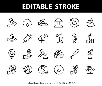 conjunto de iconos de ECOLOGY, las líneas vectoriales contienen íconos como un auto eléctrico, calentamiento global, bosque, eco, plantas de riego, plantas y mucho más. Accidente cerebral editable, ecología.