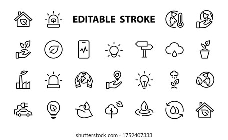 set of ECOLOGY icons, vector lines contains such icons as an electric car, global warming, forest, eco, watering plants, plants and much more. Editable stroke, ecology.
