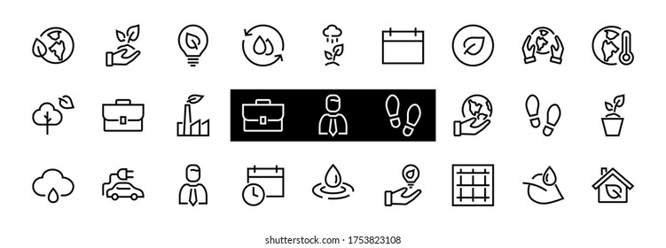 conjunto de iconos de ECOLOGY, las líneas vectoriales contienen íconos como un auto eléctrico, calentamiento global, bosque, eco, plantas de riego, plantas y mucho más. Accidente cerebral editable, ecología.