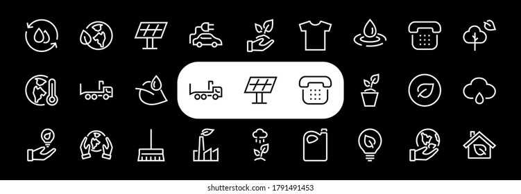 set of ECOLOGY icons, vector lines contains such icons as an electric car, global warming, forest, eco, watering plants, plants and much more. Editable stroke, ecology.