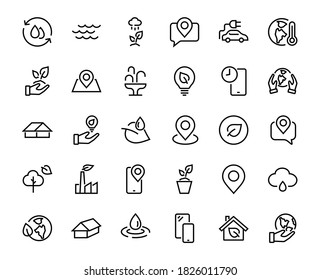 set of ECOLOGY icons, vector lines contains such icons as an electric car, global warming, forest, eco, watering plants, plants and much more. Editable stroke, ecology.