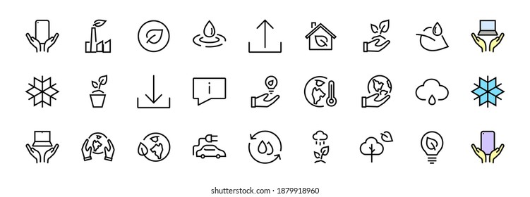 set of ECOLOGY icons, vector lines contains such icons as an electric car, global warming, forest, eco, watering plants, plants and much more. Editable stroke, ecology.