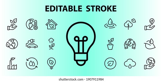 set of ECOLOGY icons, vector lines contains such icons as an electric car, global warming, forest, eco, watering plants, plants and much more. Editable stroke, ecology.