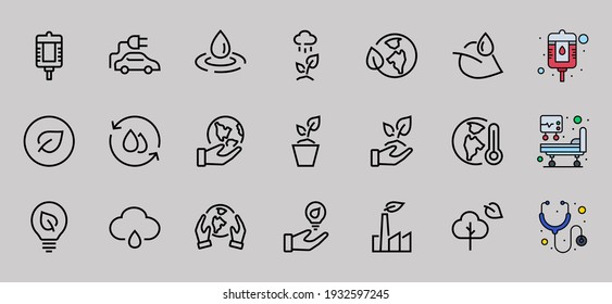 set of ECOLOGY icons, vector lines contains such icons as an electric car, global warming, forest, eco, watering plants, plants and much more. Editable stroke, ecology.