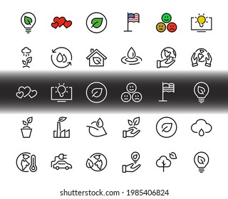 conjunto de iconos de ECOLOGY, las líneas vectoriales contienen íconos como un auto eléctrico, calentamiento global, bosque, eco, plantas de riego, plantas y mucho más. Accidente cerebral editable, ecología.