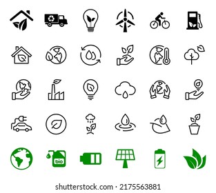 set of ECOLOGY icons, vector lines contains such icons as an electric car, global warming, forest, eco, watering plants, plants and much more. Editable stroke, ecology.