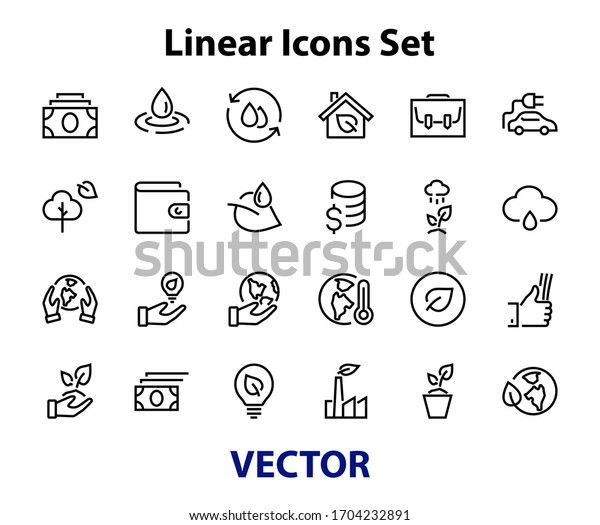 The set\
of ECOLOGY icons, vector lines, contains such icons as an electric\
car, global warming, forest, eco, watering plants, a plant and much\
more. Editable stroke, white\
background.
