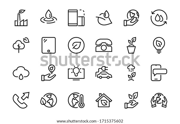 The set
of ECOLOGY icons, vector lines, contains such icons as an electric
car, global warming, forest, eco, watering plants, a plant and much
more. Editable stroke, white
background.