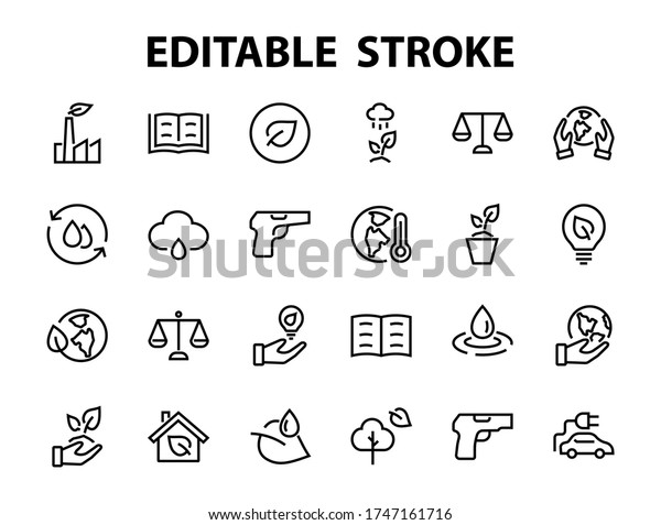 The set\
of ECOLOGY icons, vector lines, contains such icons as an electric\
car, global warming, forest, eco, watering plants, a plant and much\
more. Editable stroke, white\
background.
