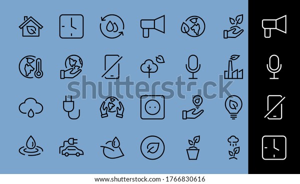 set of ECOLOGY icons,\
vector lines contains such icons as an electric car, global\
warming, forest, eco, watering plants, plants and much more.\
Editable stroke, ecology.