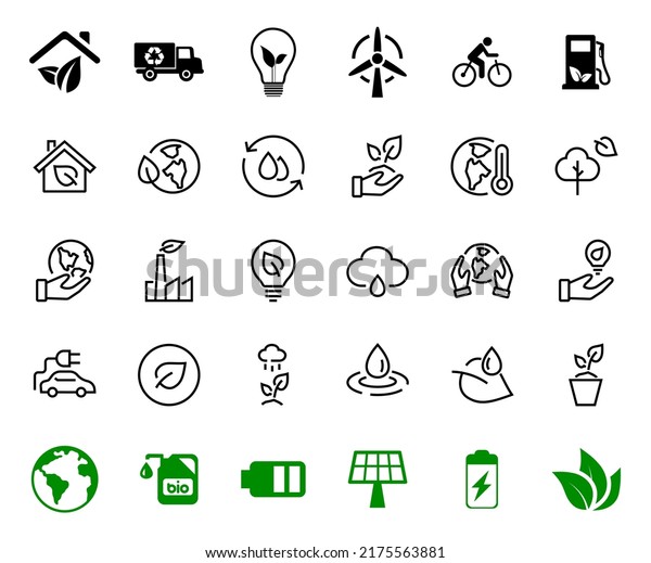 set of ECOLOGY icons,\
vector lines contains such icons as an electric car, global\
warming, forest, eco, watering plants, plants and much more.\
Editable stroke, ecology.