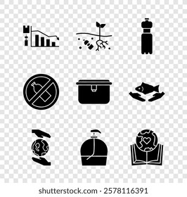 Set Ecology infographic, Problem of pollution planet, Bottle water, Hands holding Earth globe, liquid soap, book, No plastic bottle and Lunch box icon. Vector