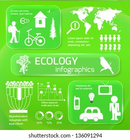 Set of ecology infographics elements.  Glass design on green background. Vector illustration.