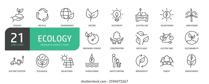 Set Of Ecology Line Icons. Set contains such icons as Recycle, Environment, Nature, Renewable Energy, Conservation, Sustainability, Biodiversity, Forest, and more.