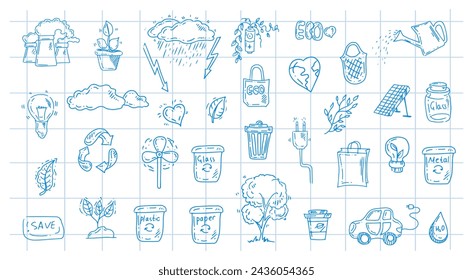 Set of ecology on the background of a checkered notebook sheet. Hand drawn design vector illustration. Ecology problem, recycling and green energy blue contour icons in doodle style.