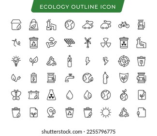 Juego de iconos de esquema de ecología. Diseño de vector de trazo editable