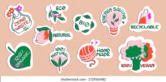 Set of ecology and recycle stickers with text. Collection of hand-drawn trendy stickers with lemon, cotton flower, broccoli and ECO elements. Modern isolated vector badges for web and print.   