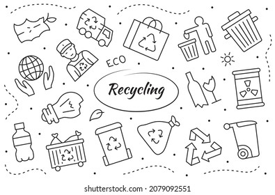Set of ecology related elements. Concept recycling of zero wastes. Vector linear illustration.