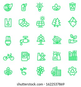 Set of ecology related icons in green line design contains such as solar panel, trees, light bulb and more 