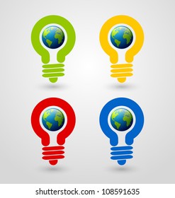 Set of ecology and saving energy icons with light bulb and planet Earth