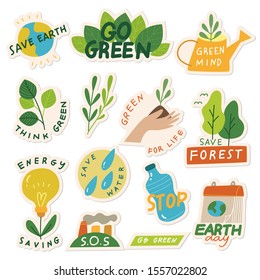 Set of Ecology Sticker with slogan in doodle style vector illustration