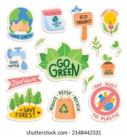 Set of Ecology Sticker with slogan in doodle style vector illustration