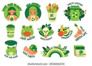 Set of ecology stickers with motivational phrases. Green vector icons, eco set. Save the planet, save water, green energy, love our planet