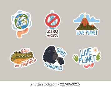 Set of ecology stickers. Save animals, love planet, zero waste cartoon vector