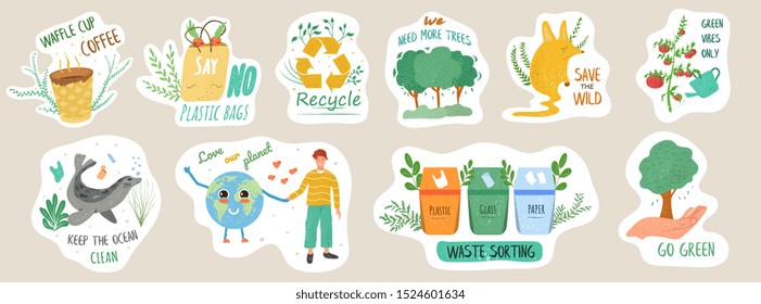 Set of ecology stickers with slogans. Bundle of decorative design elements. Flat cartoon vector illustration