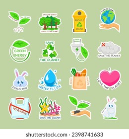 Set of ecology stickers with slogans - green energy, no plastic, cruelty free, love the planet, save the forest. Sticker collection for ecological lifestyle, use for your bag, lunch box or cup.