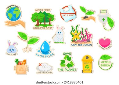 Set of ecology stickers with slogans. Sticker collection for ecological lifestyle.