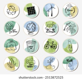 Set of ecology stickers with slogans and watercolor background. Eco transport, save energy. Care for nature