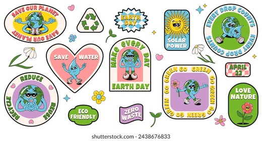 Set of ecology stickers in trendy retro cartoon groovy style. Earth planet, sun, water drop characters and motivation slogans. Vector funny mascots, stamps, patches. Earth Day concept. Y2K aesthetics.