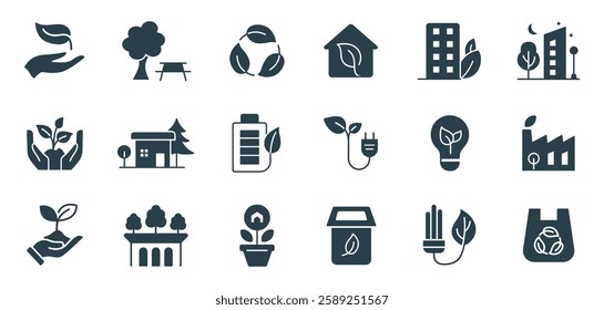 Set of Ecology and Sustainability Line Art Icons: Renewable Energy, Recycling, Nature Conservation, Eco-Friendly Living, and Environmental Protection Symbols in Outline Style