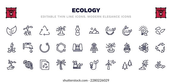 set of ecology thin line icons. ecology outline icons such as two leaves, recycle arrows, snowy mountains, seeds, reload, solar energy, plant on a hand, coconut tree, wind energy, eco car vector.